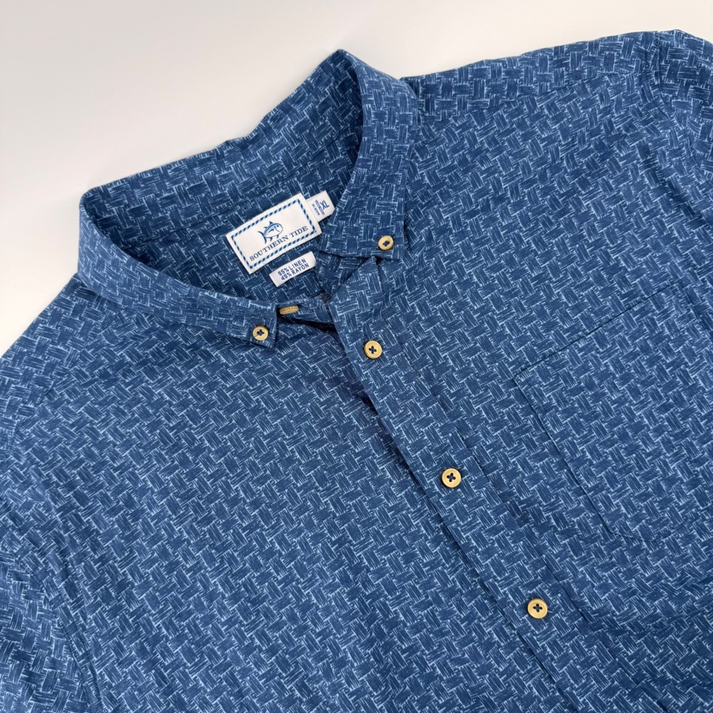 Southern Tide Mens XL Blue Linen Blend Geometric Basketweave Short Sleeve Shirt